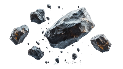 Natural rock and stone fragments on transparent background, cut out. Raw mineral pieces with detailed textures for digital compositing. Perfect for geology, design, and 3D rendering projects
