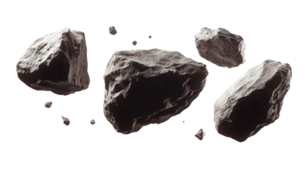 Natural rock and stone fragments on transparent background, cut out. Raw mineral pieces with detailed textures for digital compositing. Perfect for geology, design, and 3D rendering projects