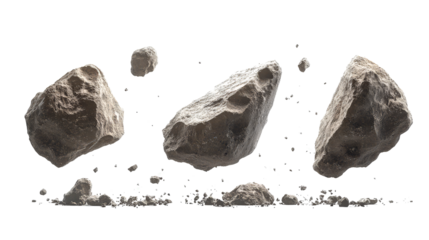 Natural rock and stone fragments on transparent background, cut out. Raw mineral pieces with detailed textures for digital compositing. Perfect for geology, design, and 3D rendering projects