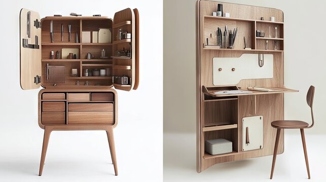 Smart wooden furniture with hidden compartments and expandability.