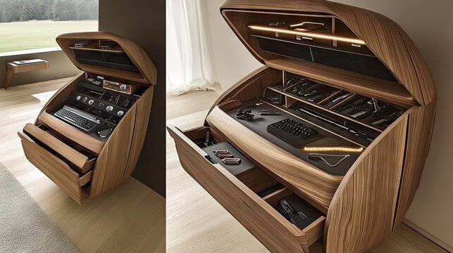 Smart wooden furniture with hidden compartments and expandability.