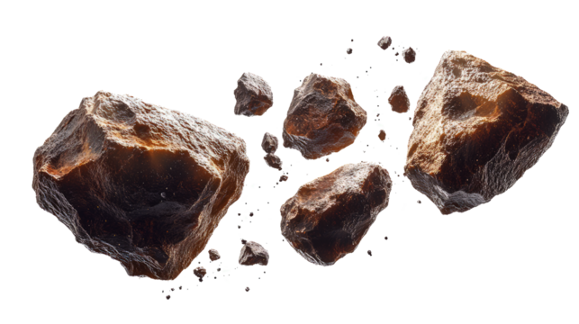 Natural rock and stone fragments on transparent background, cut out. Raw mineral pieces with detailed textures for digital compositing. Perfect for geology, design, and 3D rendering projects