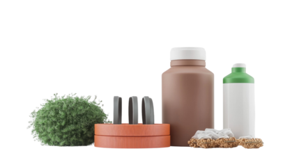 Minimalist arrangement of kitchen utensils and containers with natural elements and modern design