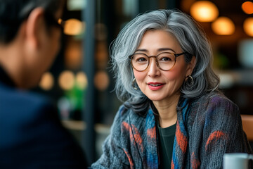 Fototapeta premium Senior businesswoman discussing with colleague in a cafe