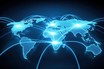 world map with glowing blue connecting lines representing global connectivity and communication. image conveys sense of technology and networking
