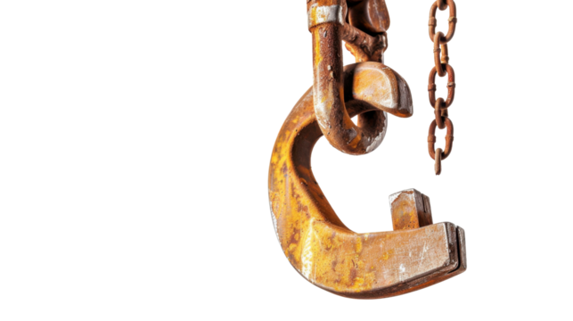 Rusty crane hook hanging with transparent background