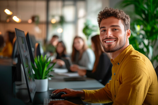 CEO working with computer and smiling at modern open space office