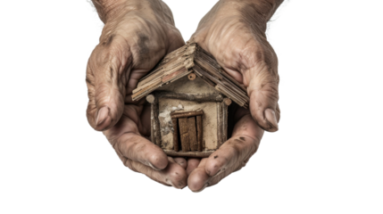 Worker holding small wooden house in dirty hands on transparent background