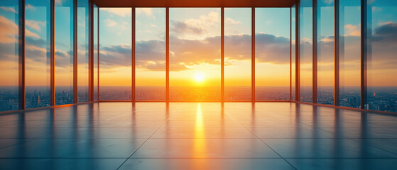 Fototapeta premium stunning view of sunset from empty meeting room on top floor of skyscraper, showcasing vibrant skyline and warm colors reflecting on polished floor
