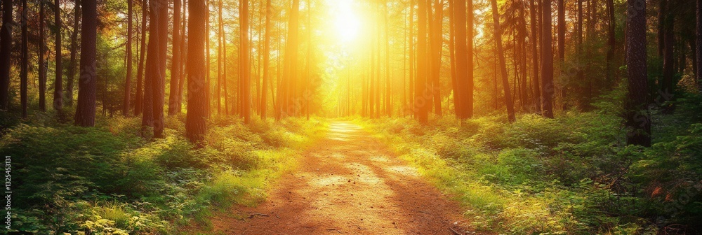 Poster forest path leading into golden sunlight with tall trees and lush greenery in serene nature setting
