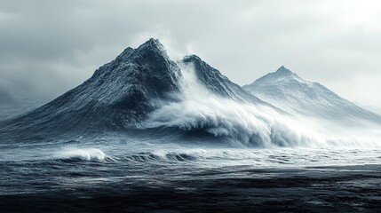 Massive ocean waves crash against rugged mountain peaks in the image