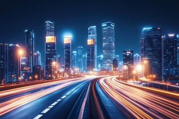 Obraz premium Night city highway traffic streams past illuminated modern skyscrapers for urban design