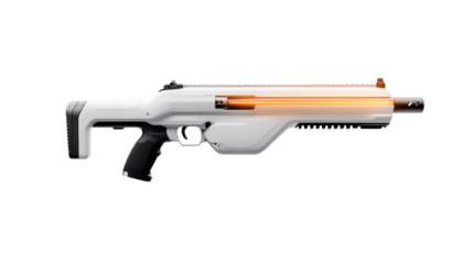 Futuristic Sci-Fi Gun Concept Design with Sleek White Body and Glowing Orange Barrel