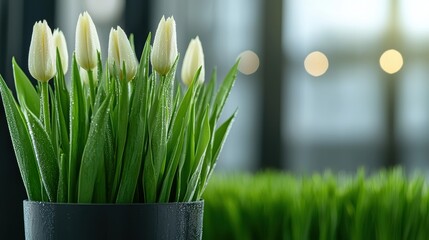 Potted white tulips with lush green leaves in soft light.