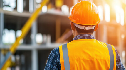 male engineer wearing orange hard hat and safety vest observes construction site, showcasing dedication and professionalism in his work