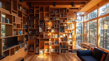Wooden bookshelf designed as a modular room divider.