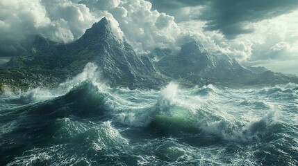 Fototapeta premium The stormy ocean surges towards mountainous green islands with clouds