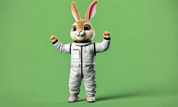 a happy rabbit in an astronaut jumpsuit joyfully performing a lively charleston hop dance with swinging leg kicks on a green screen background