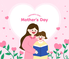 mothers day, 모녀, 엄마와딸, 유치원선생님, 보육교사, 어버이날, 유치원, 하트꽃, 식물, 꽃 일러스트