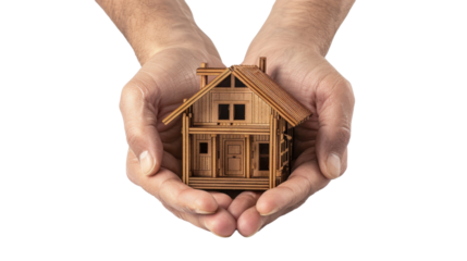 Architect holding a small wooden house model on a transparent background