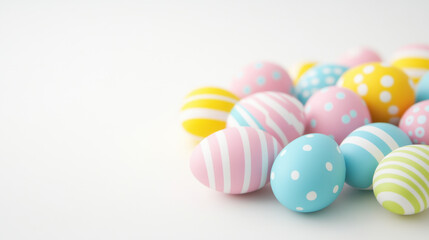 Colorful Easter eggs in pastel shades on white background create cheerful and festive atmosphere. Perfect for spring celebrations and holiday decorations