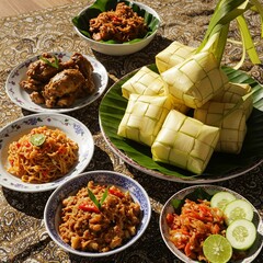 a beautifully arranged traditional Indonesian feast, centered around ketupat &mdash; diamond-shaped rice cakes wrapped in woven palm leaves, symbolizing purity and celebration, especially during Hari Raya. 