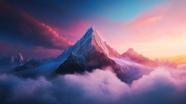 Majestic mountain peak surrounded by clouds at sunset, showcasing vibrant colors and dramatic lighting. breathtaking natural landscape that evokes sense of wonder and tranquility