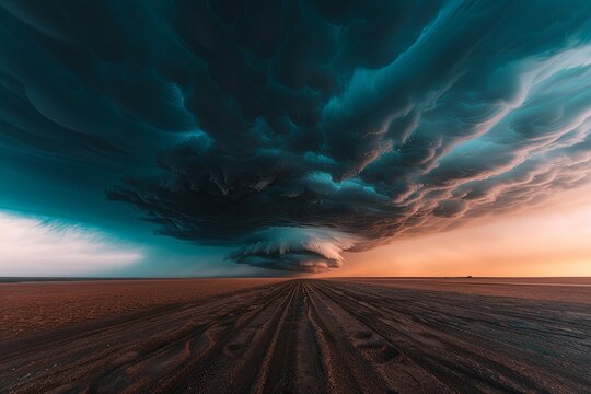 Dramatic dark storm clouds gather over a desolate landscape at sunset, showcasing nature's power and beauty