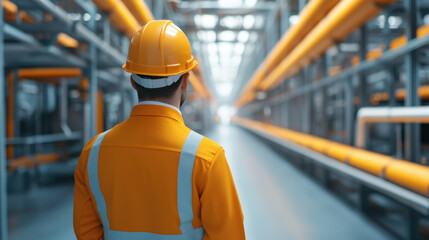 worker in orange safety helmet and reflective vest stands in industrial facility, observing extensive network of pipes. environment conveys sense of professionalism and safety