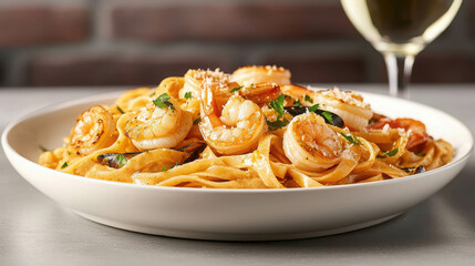 Fototapeta premium Luxurious Seafood Linguine Dish with Shrimp and Fresh Herbs in a Cozy Setting