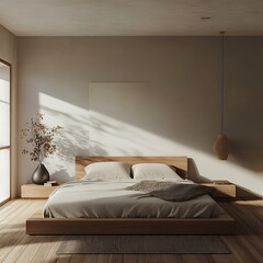 Serene Minimalist Bedroom Interior Design Sunlight Streaming Through Window.
