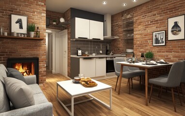 Cozy studio apartment with exposed brick walls, fireplace, and modern kitchen.