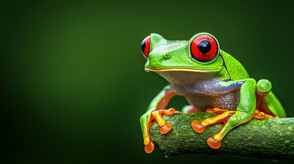 Naklejka premium A brightly colored red eyed frog perched on a branch