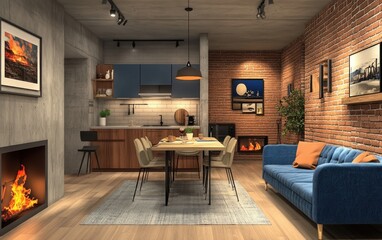 Fototapeta premium Cozy studio apartment with brick wall, fireplace, and modern kitchen.