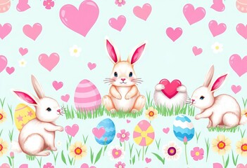 Obraz premium Adorable bunnies, eggs, hearts on bright Easter background Seamless pattern for spring , texture, eggs