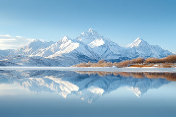 Fototapeta premium Majestic snow capped mountains reflect in serene lake under clear blue sky. tranquil scene evokes sense of peace and natural beauty, perfect for nature lovers
