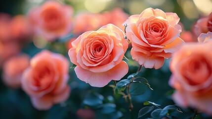 Obraz premium Close-up of peach roses in a garden, illuminated by sunlight.
