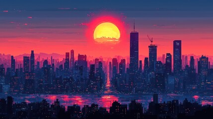 Obraz premium Pixel art sunset over city skyline.
