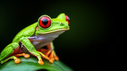 Naklejka premium A vibrant green frog with bright red eyes sits peacefully