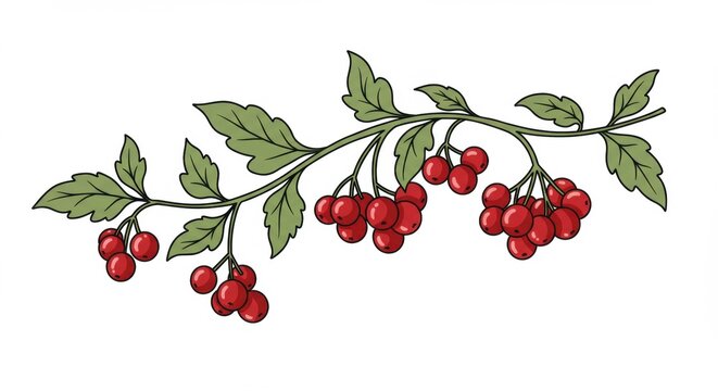 A vibrant illustration of a branch with red berries and green leaves, suitable for botanical designs