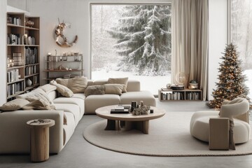 Cozy winter living room with sectional sofa, Christmas tree, and large window overlooking snowy landscape.