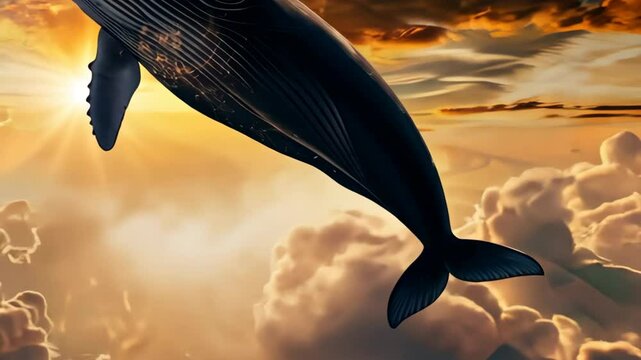 Majestic whale gliding through scenic clouds at sunset