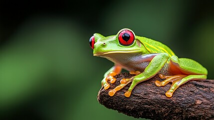 Obraz premium A green tree frog with bright red eyes rests peacefully