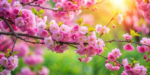Naklejka premium Vibrant pink cherry blossoms fill the air with sweet fragrance as they burst forth in full bloom against a lush green backdrop of leafy branches and foliage , foliage, greenery