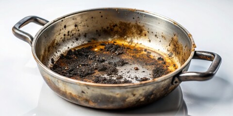 A grimy cooking vessel with blackened food particles stuck to its surface, a result of neglecting to clean it thoroughly after use , cookware, food residue
