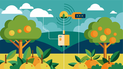 Using smart sensors and actuators to regulate and optimize sunlight exposure for different varieties of fruit trees in the orchard.. Vector illustration