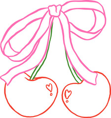 Coquette Cherries Ribbon Bow Trendy Outline Minimal Line Art Hand Drawn Doodle