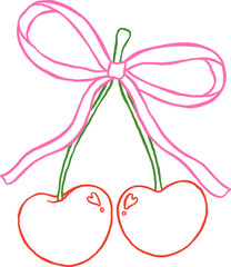 Coquette Cherry Ribbon Bow, Trendy Outline Minimal Line Art Hand Drawn Doodle