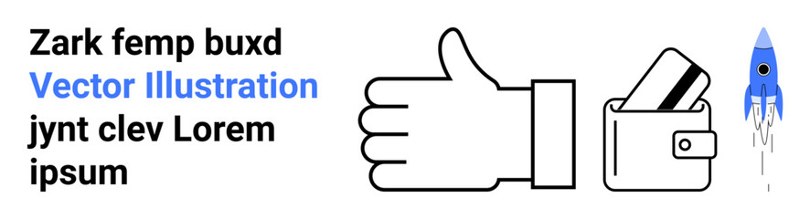 Obraz premium Thumbs up hand gesture, wallet with credit cards, and blue rocket launching. Ideal for business success, approval, financial growth, startups, innovation e-commerce and motivational themes. Landing