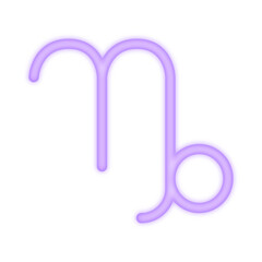 A vibrant neon illustration of the Capricorn zodiac symbol glowing in purple, representing astrology, ambition, determination, and earth sign energy